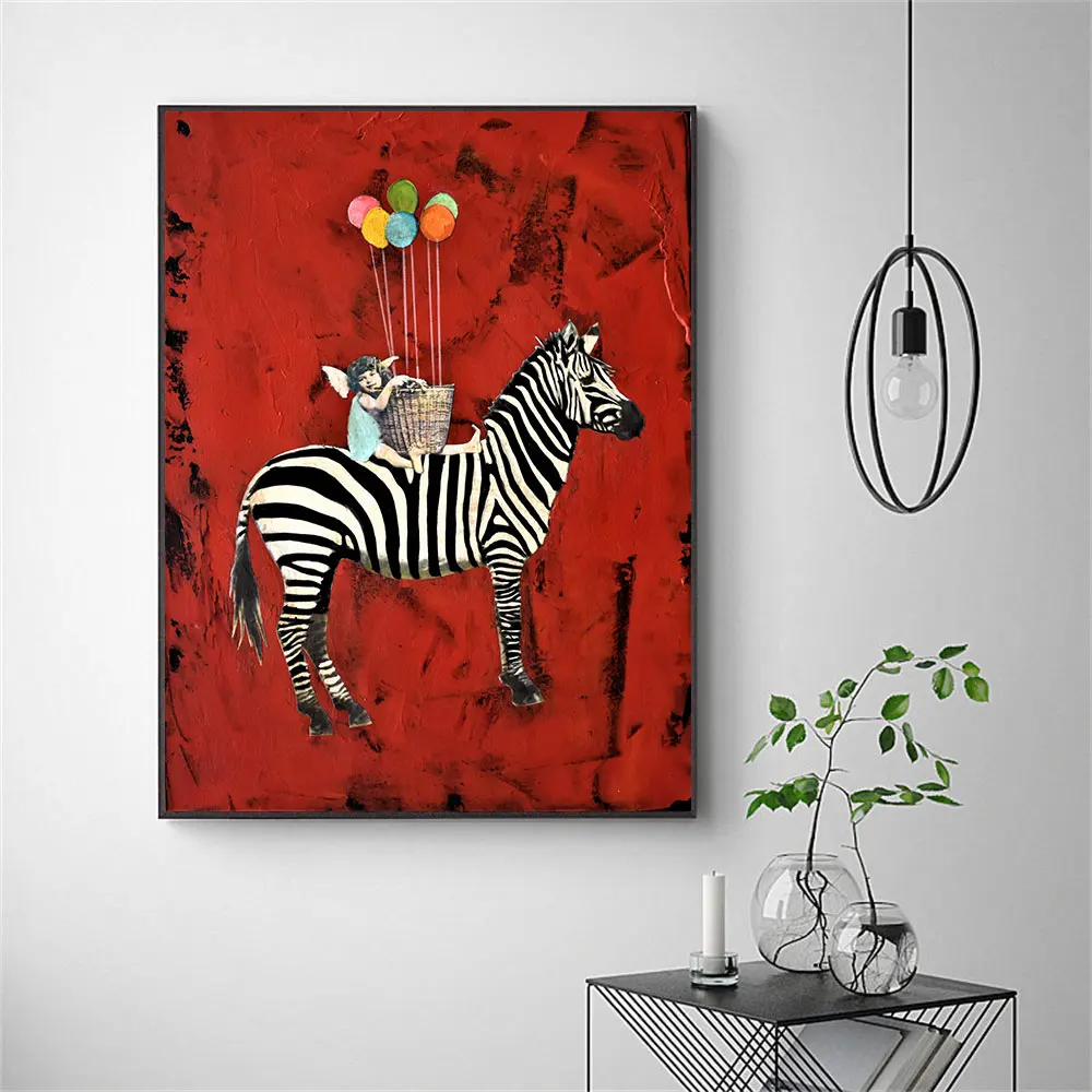 

Abstract Girl With Balloon Sit On Zebra Canvas Paintings Red Style Poster And Print Wall Picture For Living Room Home Decoration