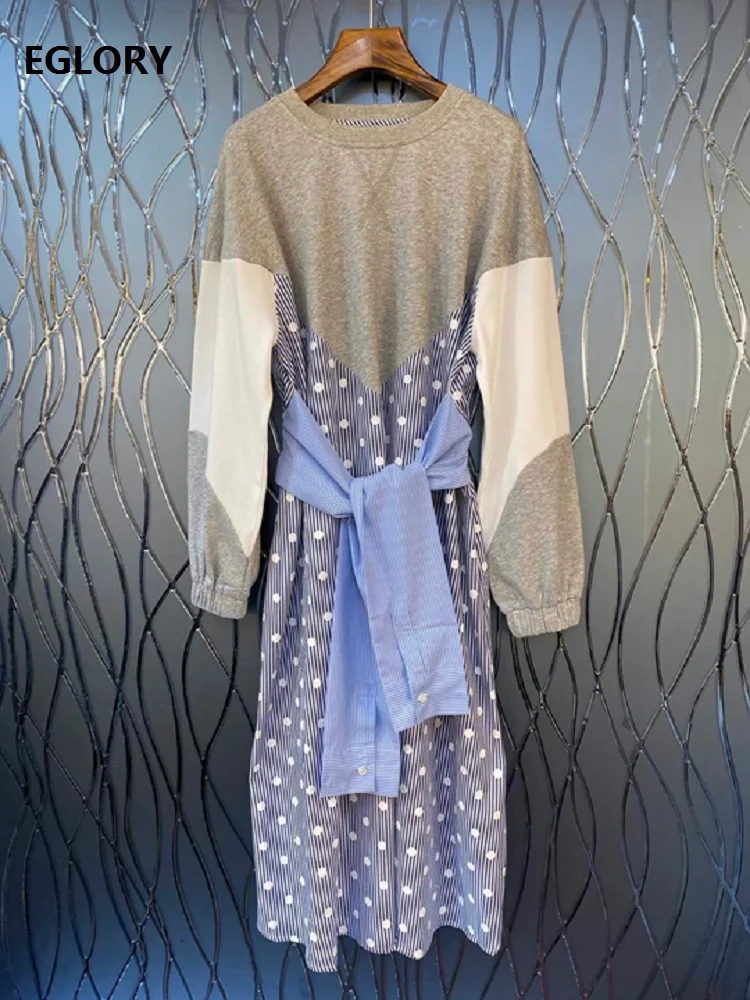 Женское Хлопковое платье в горошек Повседневное до середины икры стиле пэчворк с