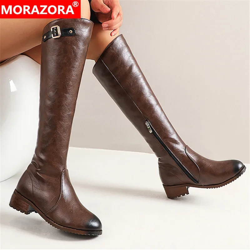 

MORAZORA 2020 Big size\ 34-48 knee high boots med heels round toe simple ladies shoes winter warm 3 colors women boots