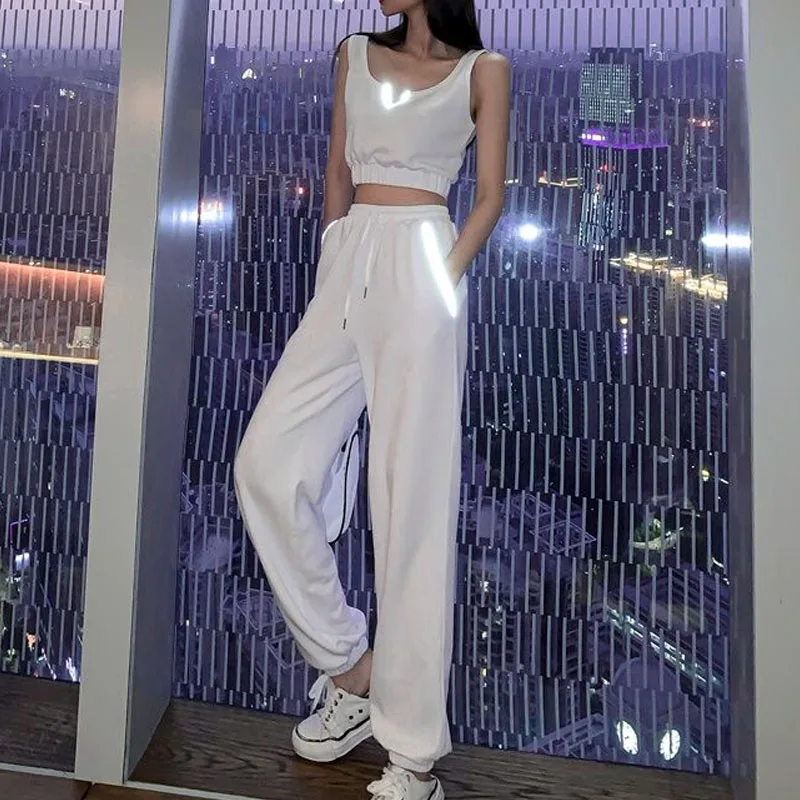

Fashion Women Casual Elastic Waist Jogger Pants Sets Sexy Slim Tube Top + Loose Streetwear Pant Two Pieces Female White Suits