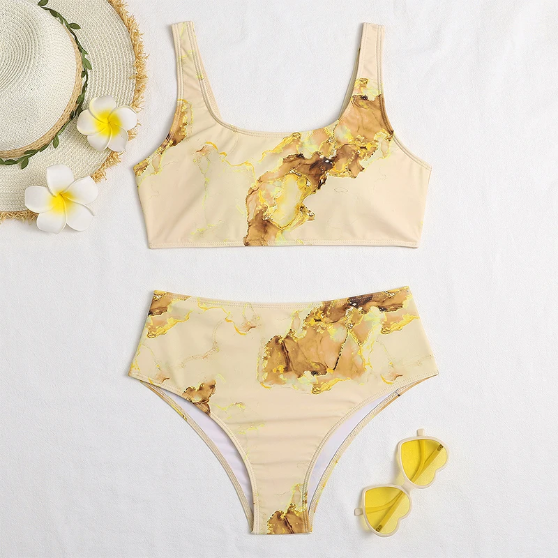 Женский купальник-бандо с эффектом пуш-ап мраморным принтом высокой талией 2021 |
