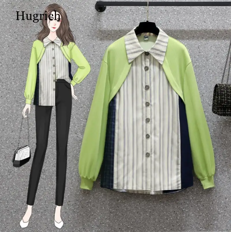 

Женская Осенняя корейская мода новинка 2021 свободная поддельная цветная полосатая рубашка из двух частей