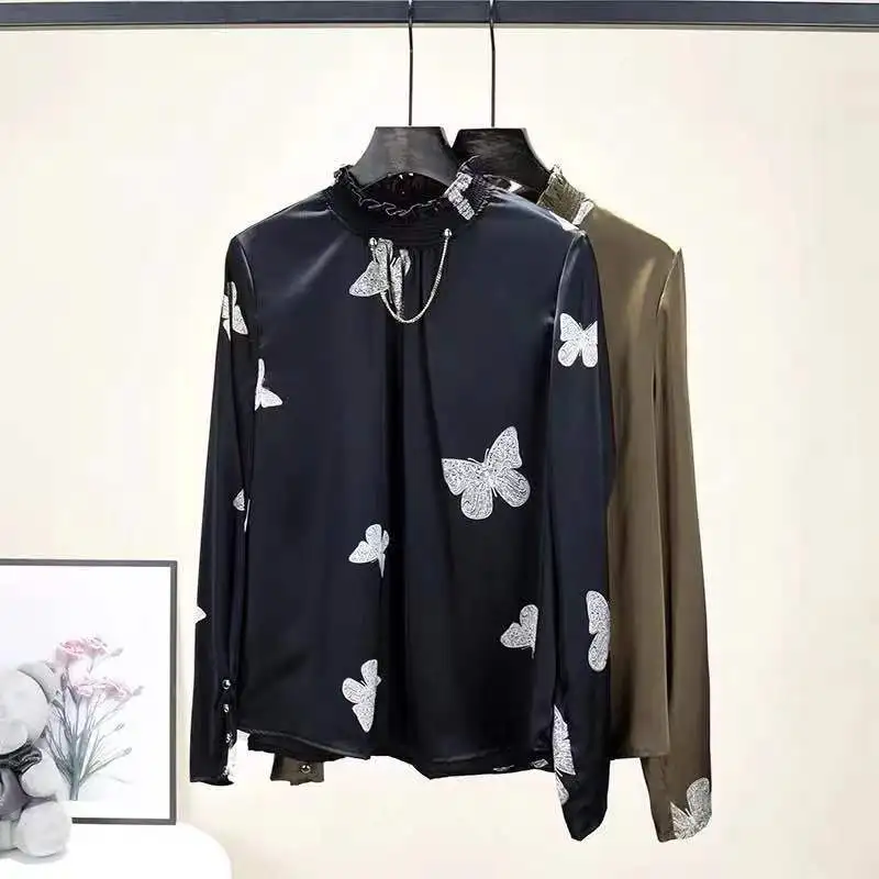 

European brand silk fabric paragraph black bottom white butterfly pattern stretch silk fabric shirt dress clothing diy fabric