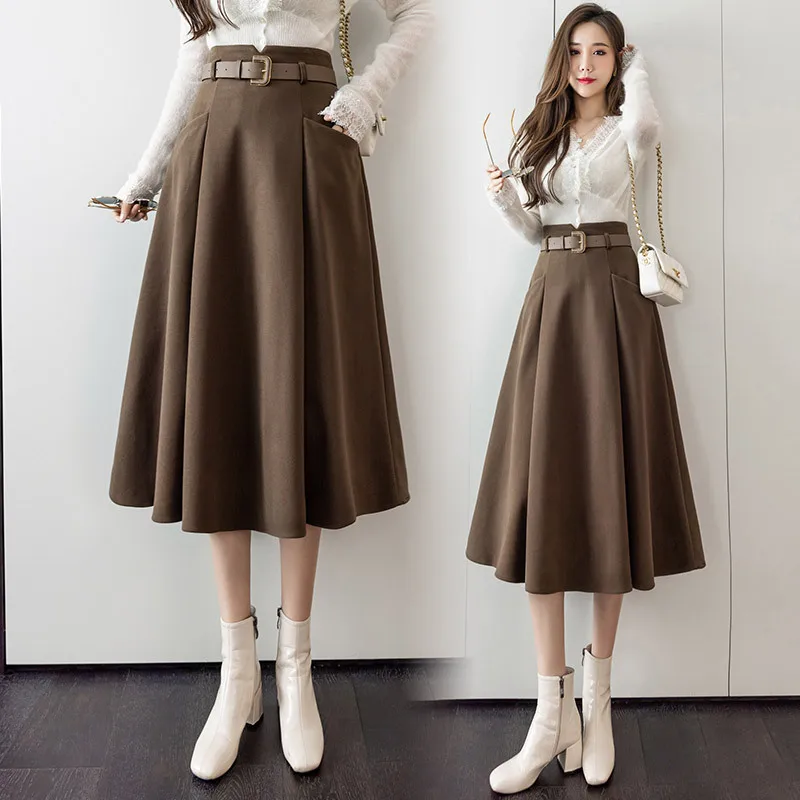 

Woolen Skirt Women's 2021 Winter New Mid-length Crotch-covered Woolen High-waisted Large-length A-line Long Skirt