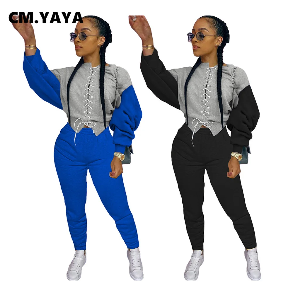 Спортивный костюм CM.YAYA в стиле пэчворк Женский комплект короткий топ на шнуровке