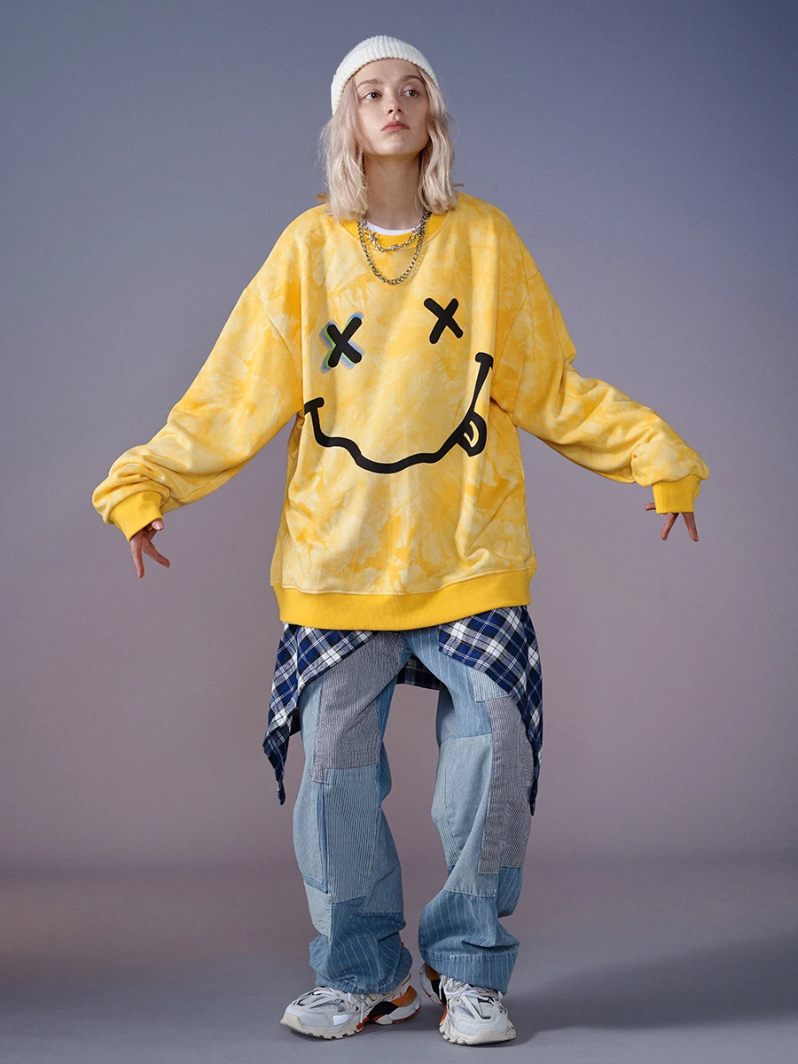 UNCLEDONJM Smile Face Sweatshirts Men/Women Hip Hop O-neck Pullovers Street Wear Winter Hoody Loose Autumn Coat DV9267 | Женская одежда
