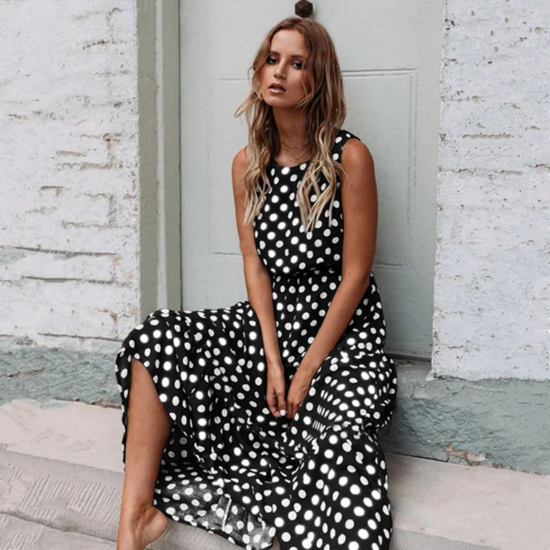 

NEW LEOSOXS Summer Sexy O Neck Sleeveless Boho Polka Dot Print Maxi Dress Casual Empire Robe Ladies Party Long Dress Vestidos