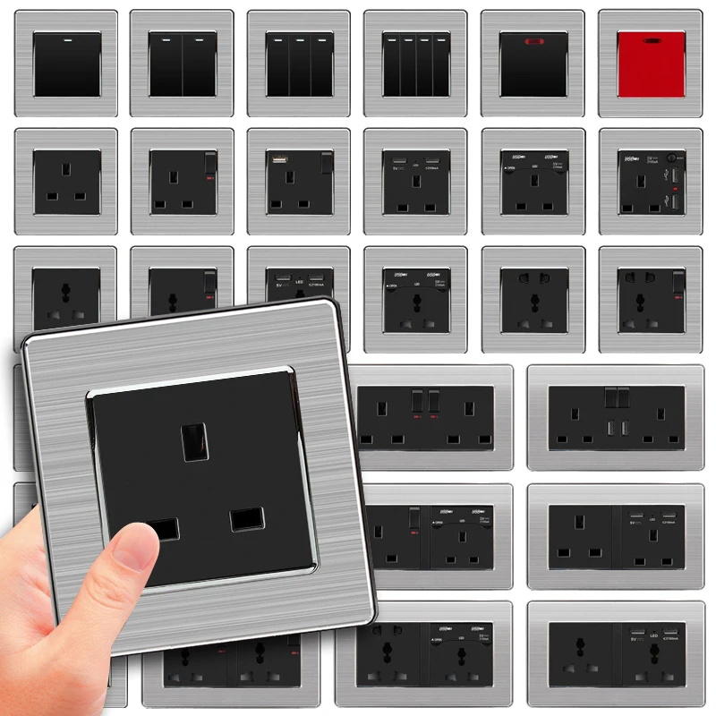 Розетка настенная из нержавеющей стали 13 А 5 В 2 1 С пылезащитной крышкой 86 х86