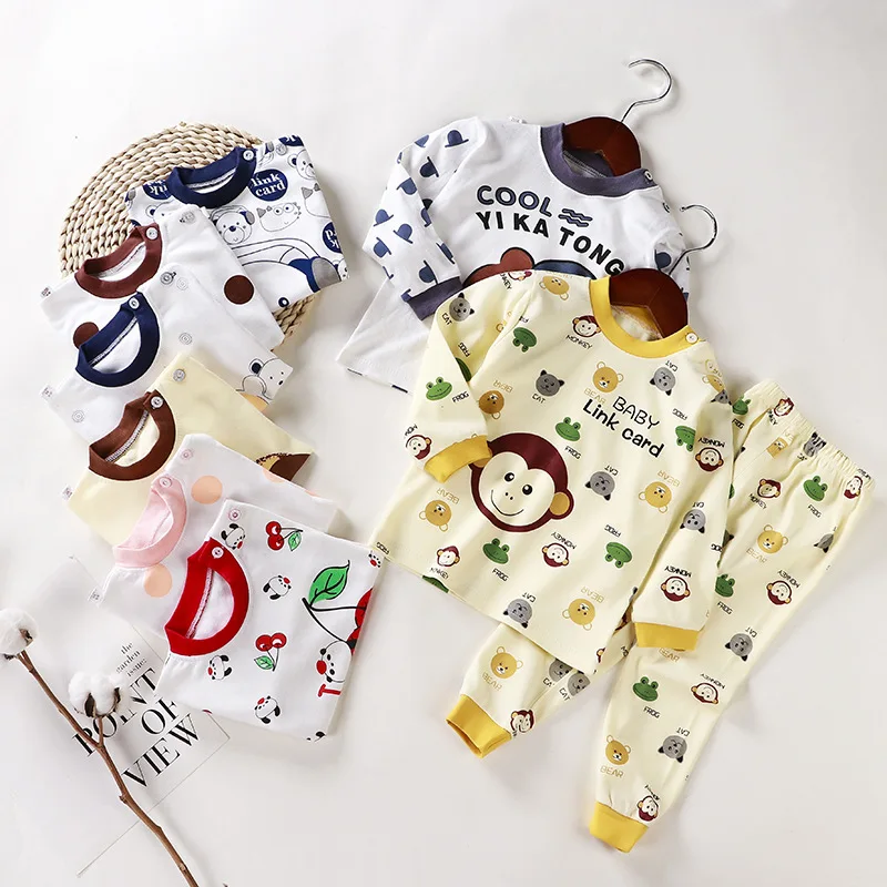 Conjuntos de pijama de algod&oacute;n para ni&ntilde;os y ni&ntilde;as, camisetas con estampado de dibujos animados y cuello redondo, pantalones, ropa de oto&ntilde;o, novedad de 2021-1