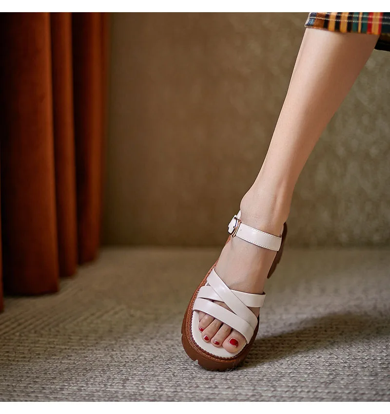 

Platform Shoes Women Genuine Cow Leather Sandals For Women Shoes 2021 Summer Open-Toed Mid-Heel Sandals Women