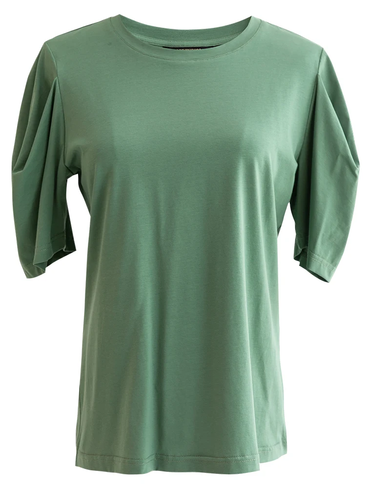 

Simple green women 2020 summer new temperament lantern sleeve shirt stretch knitted top