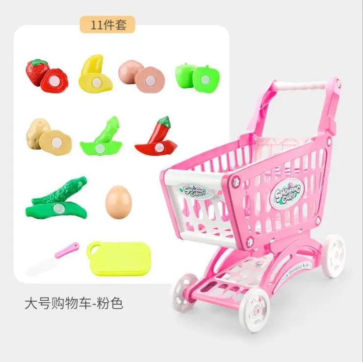 

Children Supermarket Shopping Cart Trolley Push Car Toys Basket Simulation Cut Fruit Mini Food Pretend Play House Girls Toy