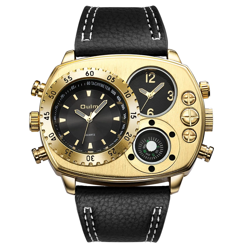 

Creative Gold Big Watch Men Quartz Multi Dials Compass Watch Large Dial Military Sport Wristwatch Male Leather Strap Clock