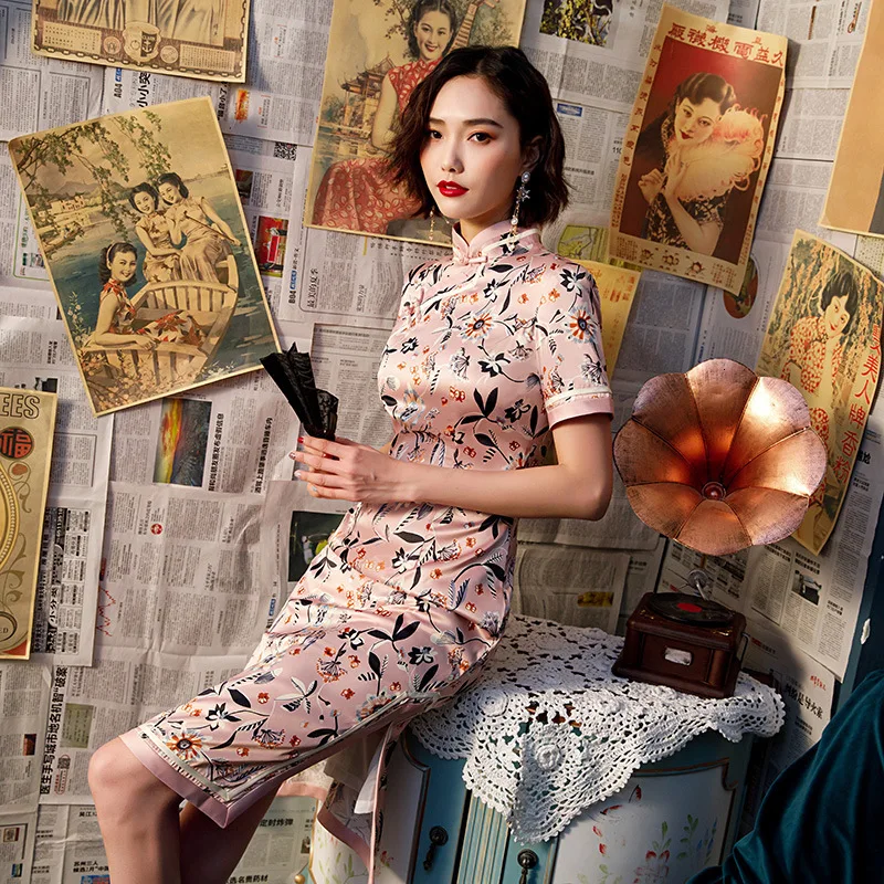 Розовые шелковые платья женские вечерние платья Cheongsam короткое улучшенное винтажное традиционное китайское платье розовое цветочное шоу Qipao