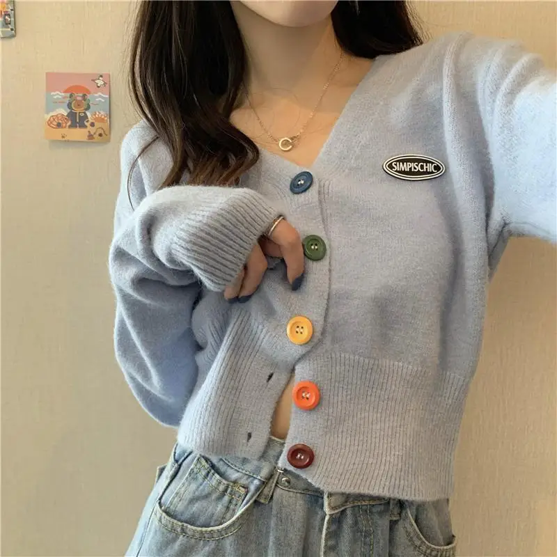 

Knitwear Spring and Autumn Tops Color Buttons Soft Waxy Cardigan Loose Jacket V-neck Long Sleeve Sweater Short Women's Trend
