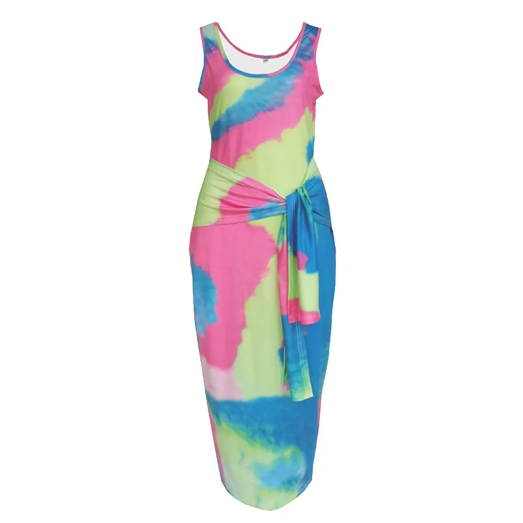 Платье с галстуком-краской вечерние 2020 до середины икры для женщин круглый вырез