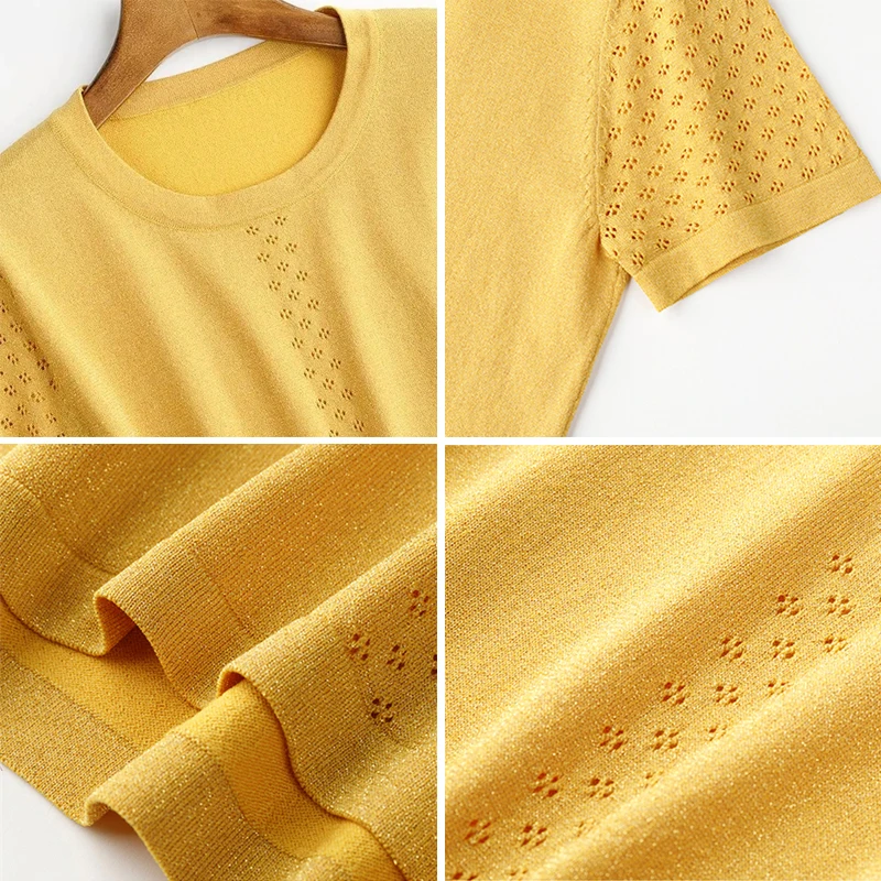 

Casual Solid O-Neck Pullover Tee 2021 New Summer Cotton Knitwear Tops Female Fashion Hollow Out Short Sleeve T-Shirt Women