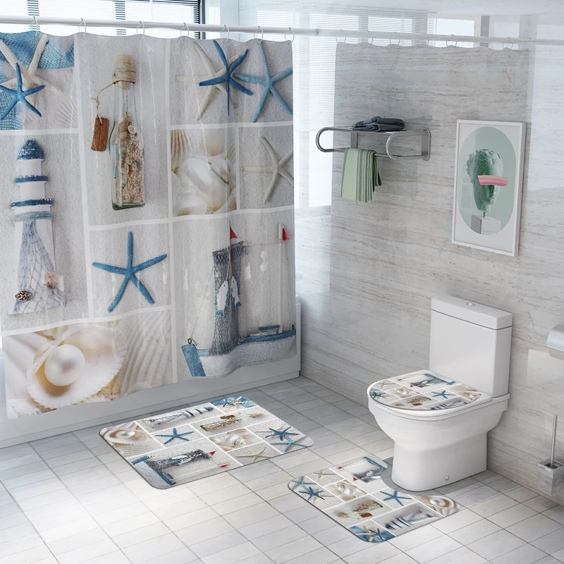 

1/3/4pcs Starfish Conch Beach 3D Bathroom Mats Rugs Set Non-Slip Quickly Dry Soft Toilet Bath Cover Waterproof Shower Curtain