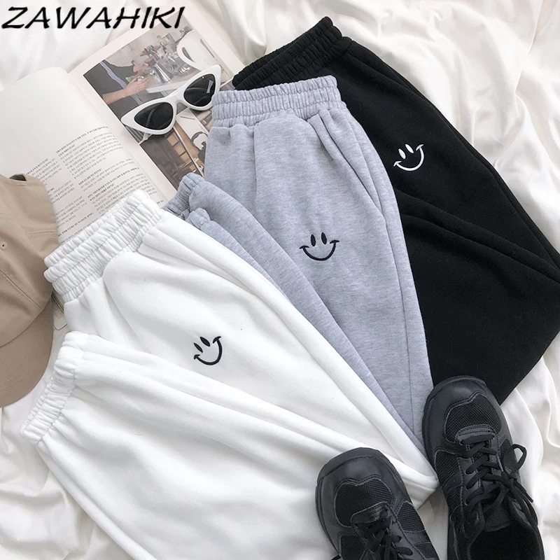 

Джоггеры zawхиты женские с вышивкой улыбка осень-зима эластичные с высокой талией свободные карманы плюс бархатные толстые повседневные брю...