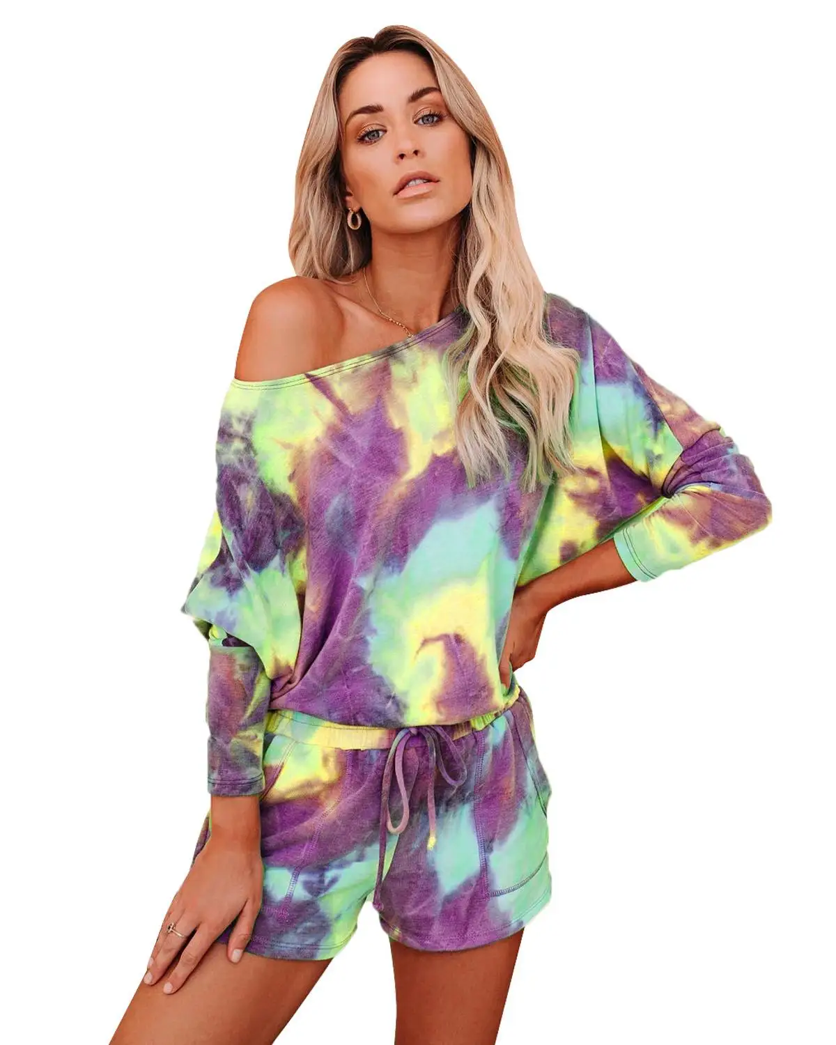 

Футболка с принтом тай-дай и шорты, комплект из двух предметов, повседневная одежда для отдыха, одежда для бега, Байкерская одежда с длинным рукавом