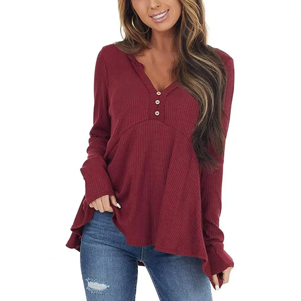 

Women T-Shirts Long Sleeve V Neck Solid Color Loose Buttons Stylish Pullover Casual Top Fashion Streetwear Autumn