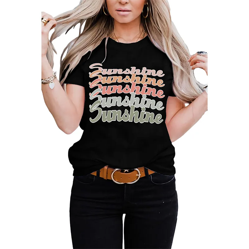 

2021 Summer Women's Sunshine Letter Printed Casual T-shirt O Neck Short Sleeve Female Harajuku Aesthetic Tshirt Women Clothing