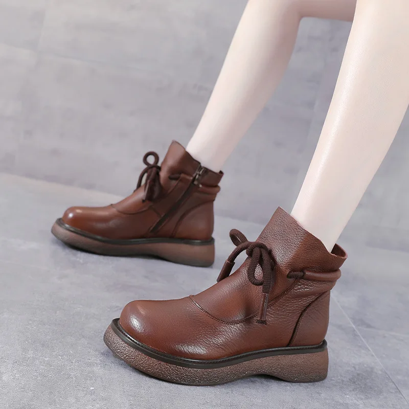 

Soft bottom Martin cowhide women's boots, leather retro round toe lace-up motorcycle boots, casual short boots