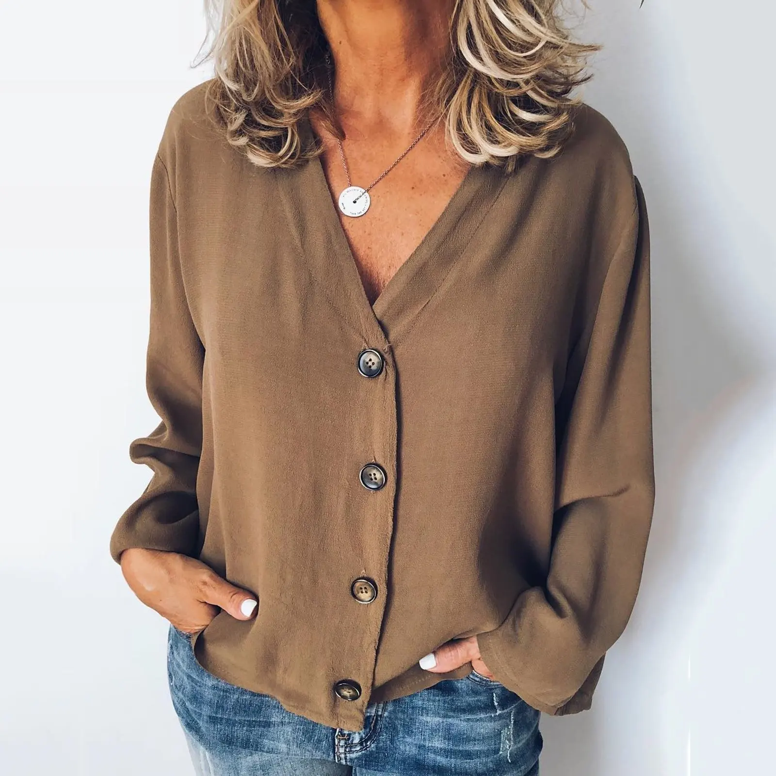 Женские шифоновые топы блузки 2019 Осенняя футболка с длинными рукавами v образным