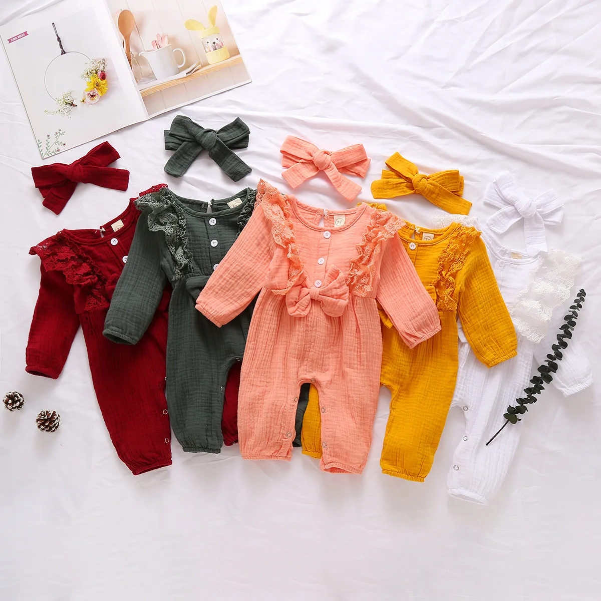 

0-24month Newborn Infant Baby Girls Rompers Jumpsuits +Headband Playsuits Onepiece Cotton Linen Muslin Toddler Baby Clothing