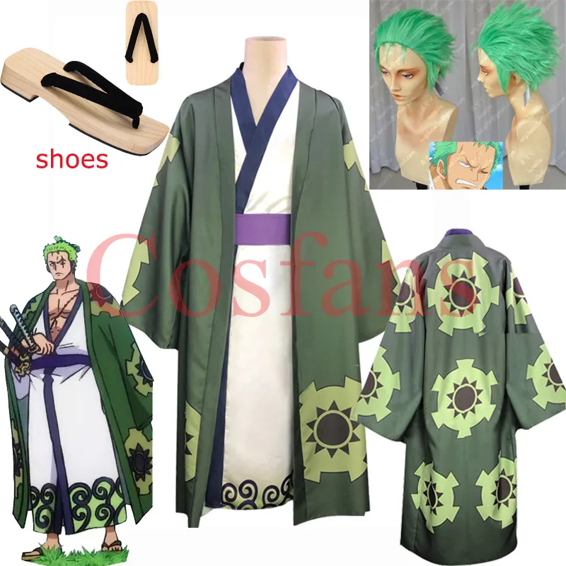 

Anime Roronoa Zoro Cosplay Costume Kimono Robe Full Suit roronoa zoro Slicked-back green wig Short Layer Roronoa Zoro Comic Wig