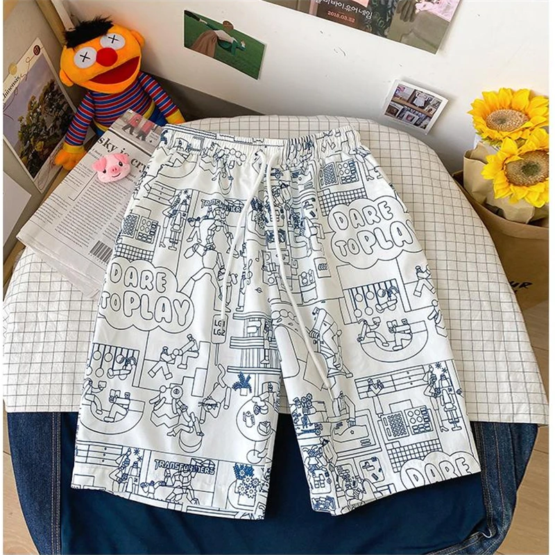 

FOJAGANTO 2021 Summer New Shorts Hong Kong Style Printing Shorts Plus Size Casual Loose Five-Point Shorts