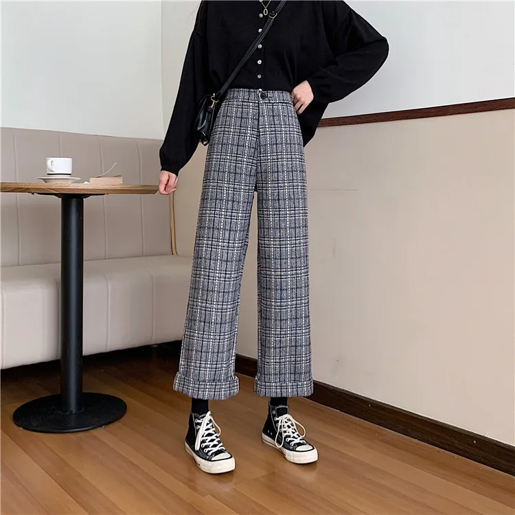 

Harajuku Style Autumn Women Fashion Plaid Ankle-length Leggings Pants Casual Loose High Waist Hip Pants Leggings