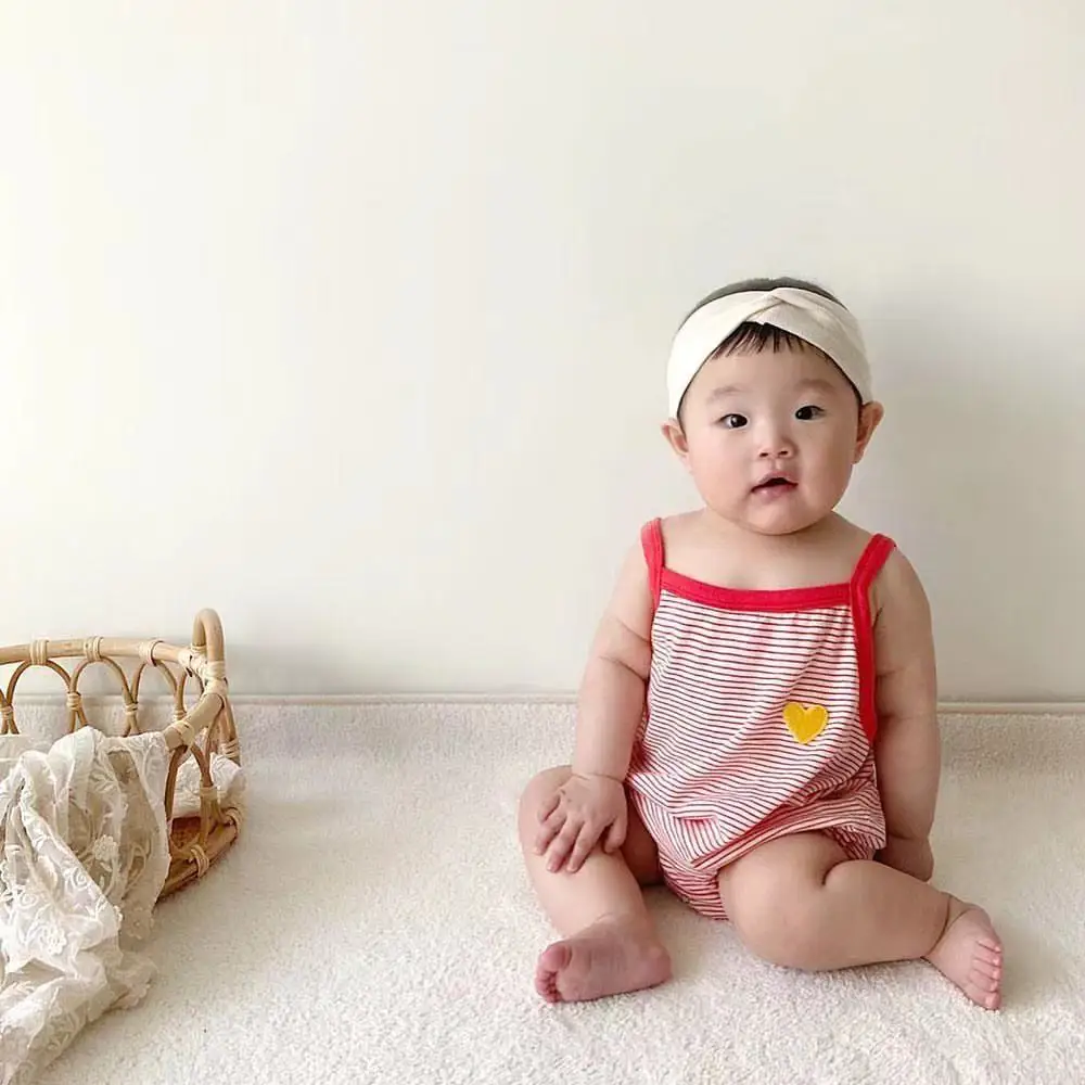 

Newborn Infant Baby Boy Fashion Striped Pattern Cotton Sleeveless Sling Bodysuit Toddler Heart Printed Cotton Bodysuits