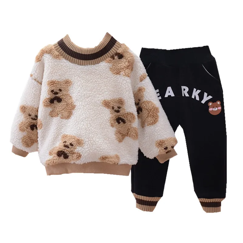 

2021 Autumn Winter Girls Clothing Sets Plush Warm Thick Girl's Clothes Sweatshirts +Pants 2PCS Suit Toddler Children Clothing
