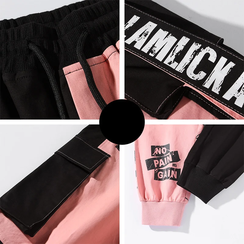 

Ribbon Patchwork Letters Harem Casual Pants Men's Block Hit Color Lace up Cargo Pants for Men Trousers Sport Streetwear Overalls