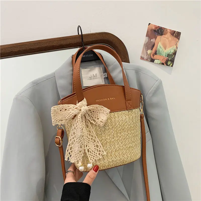 

Disney 2021 Summer New Fashion Straw Bag Women's Handbag Single Shoulder Woven Straw Bag Lace Bow Crossbody Bag
