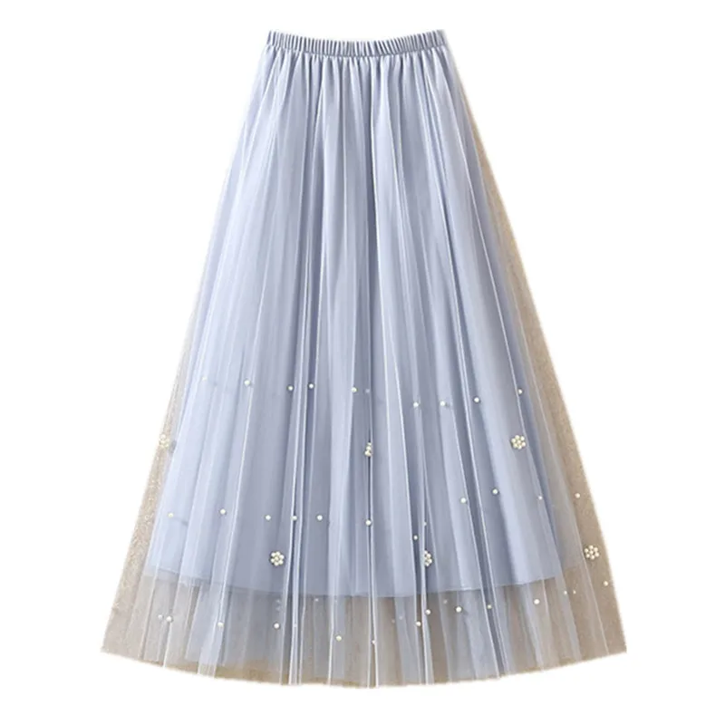 

Qiu dong net veil skirts posed of female in long skirt of tall waist a word nail bead fairy long pleated veil