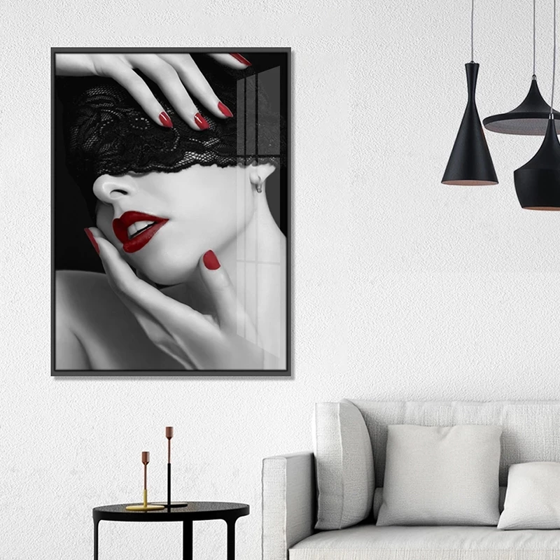 

Modern Sexy Red Lip Lace Mask Naked Woman Canvas Painting Prints Nordic Printing Wall Art Poster for Living Room Bedroom Decor