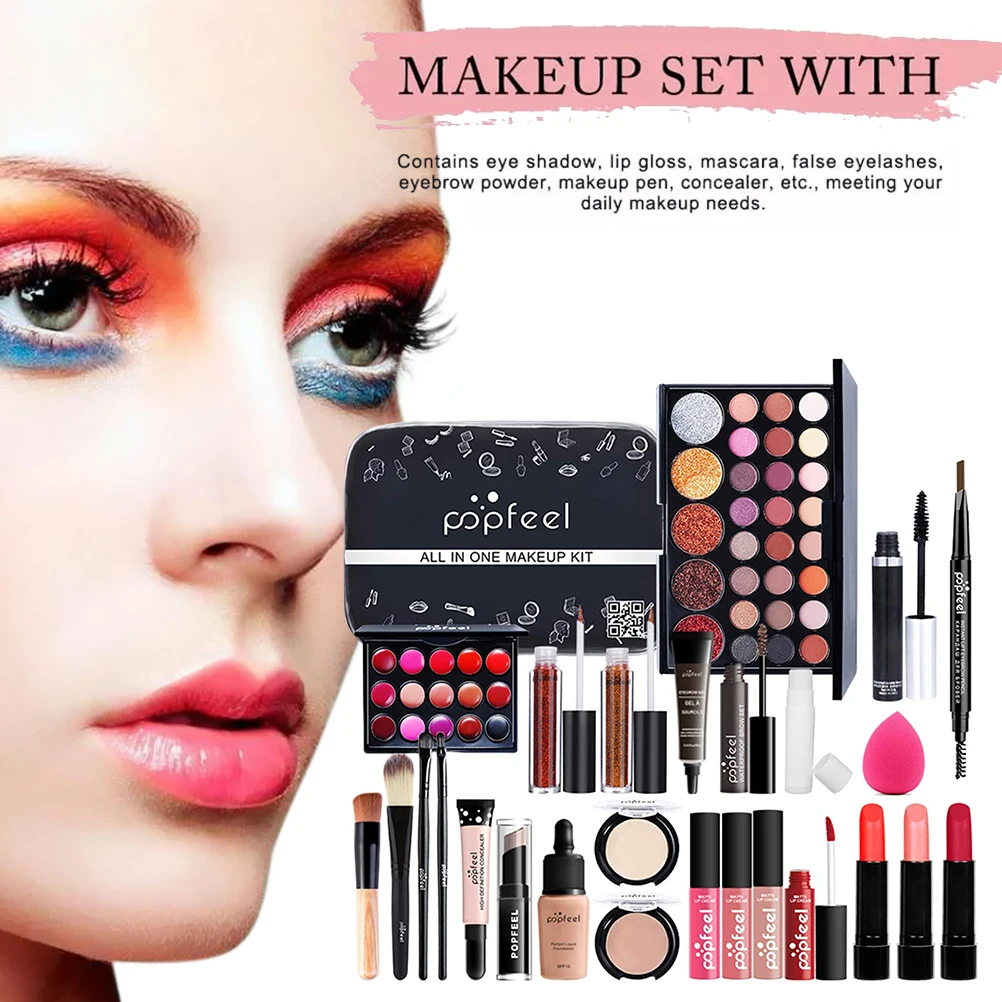 27Pcs Makeup Set Matte Lipstick Professional Eyeshadow Palette Mascara Gift With Cosmetic Bag Travel Portable Long Lasting | Красота и