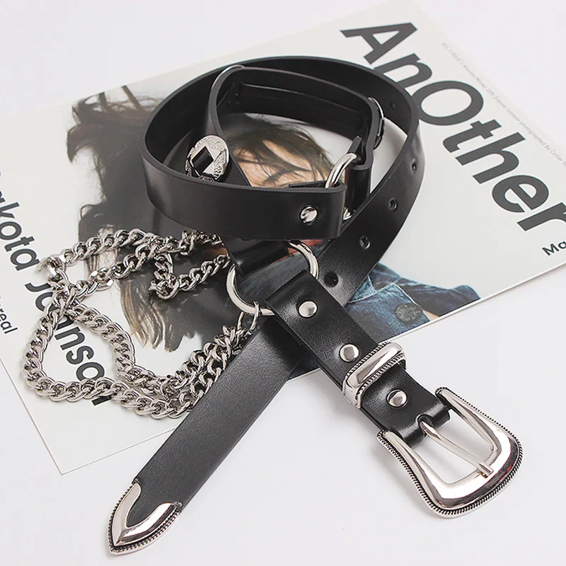 

[EAM] Pu Leather Black Buckle Metal Chain Long Belt Personality Women New Fashion Tide All-match Spring Autumn 2021 1Z952