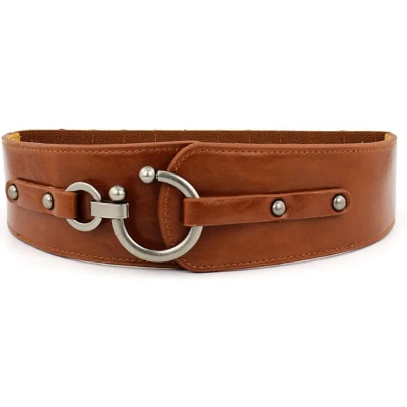 

New Fashion Elastic Wide Belt Strap Vintage Women Faux Leather Buckle Elastic Wide Belt Strap Solid Color Waistband
