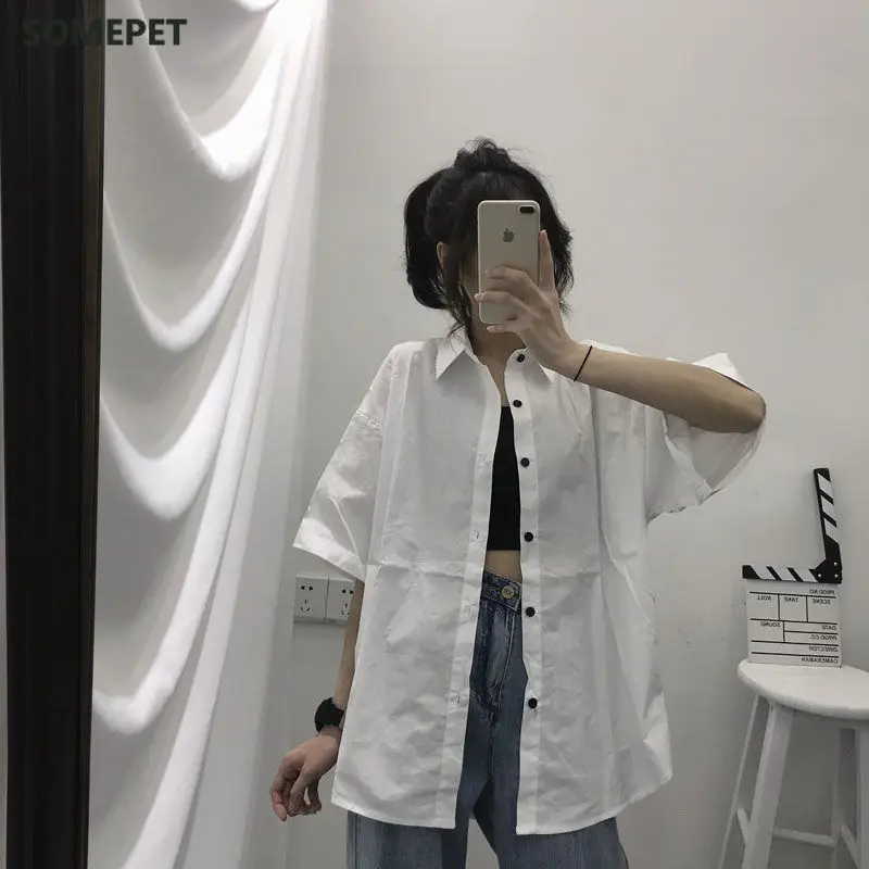 

Blouses Shirts Three Quarter Sleeve Women Summer Solid Black Outwear Tops All-match Ins Retro Womens Fashion Students