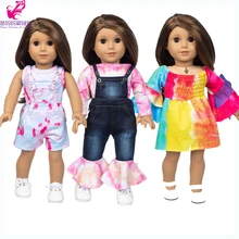 18 Inch Doll Clothes Denim Flared Pants Baby Doll Clothes Rainbow Jacket Set Baby Girl New Year Gift