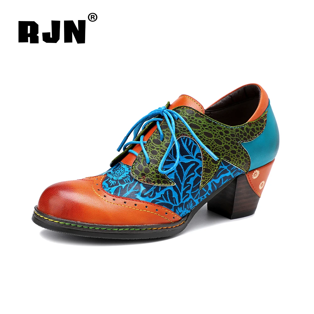 

RJN Fashion Women's Pumps 2021 Spring New Retro Print Stitching Ethnic style High-Heeled Ladies Shoes Cow Leather Shoes RO600