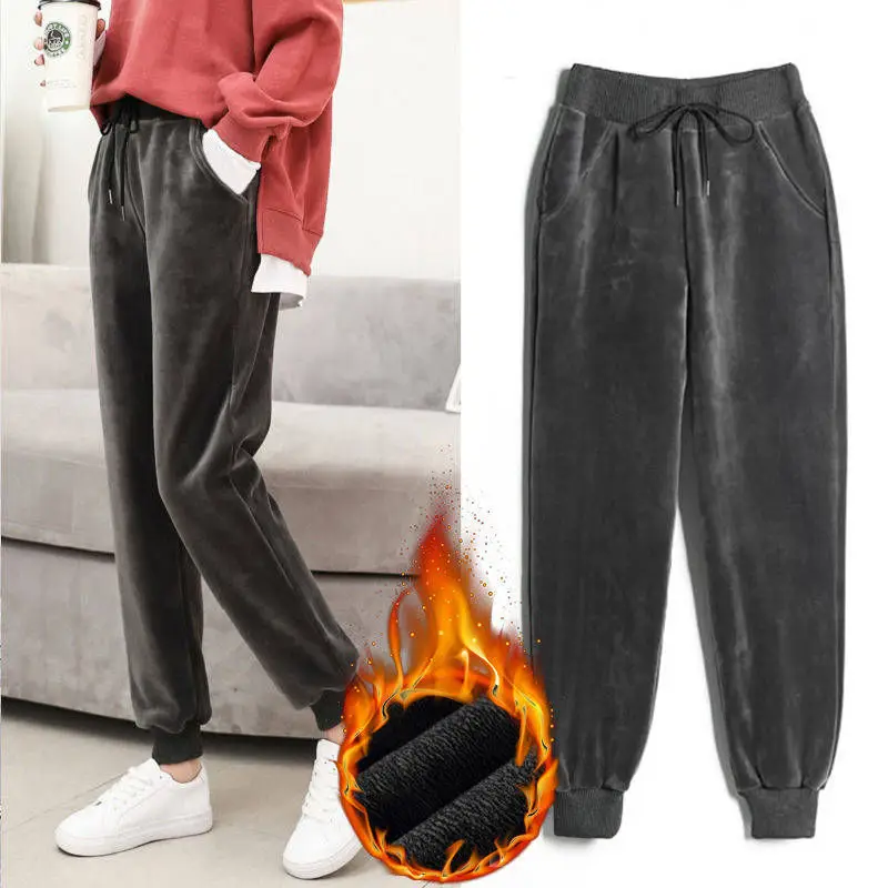 Slim Women Pant Winter Lambskin Cashmere Pants Warm Female Casual Harem Lined Fleece Trousers Autumn Sweatpants | Женская одежда