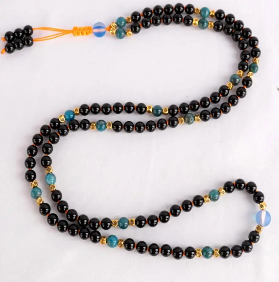 

6mm 108 knot Natural black agate apatite Tassel gold Necklace Ear stud Women Fashion Gift Easter Wedding Dangle Classic