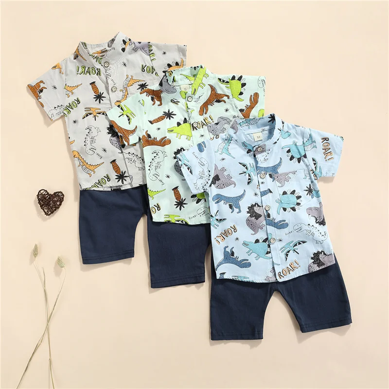 

2Pcs Children Summer Tracksuits, Boys Dinosaur Print Henley Neck Short Sleeves Shirt + Elastic Waist Shorts, 5 Months to 4 Years