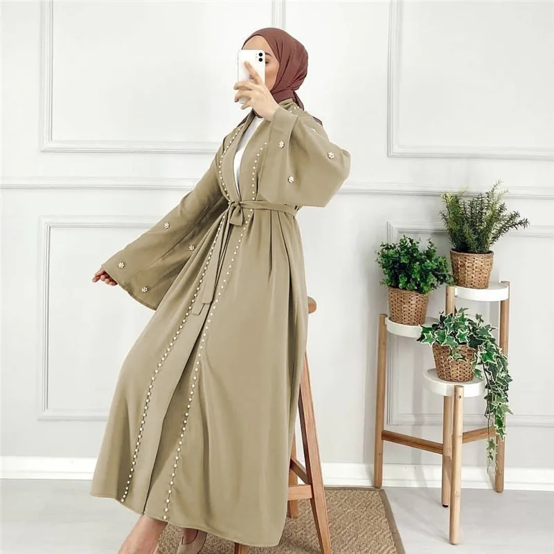

Women Muslim Dubai Abaya Pearl Kimono Open Front Arabic Hijab Dress Cardigan Duster Coat Caftan Turkey Party Islamic Modesty