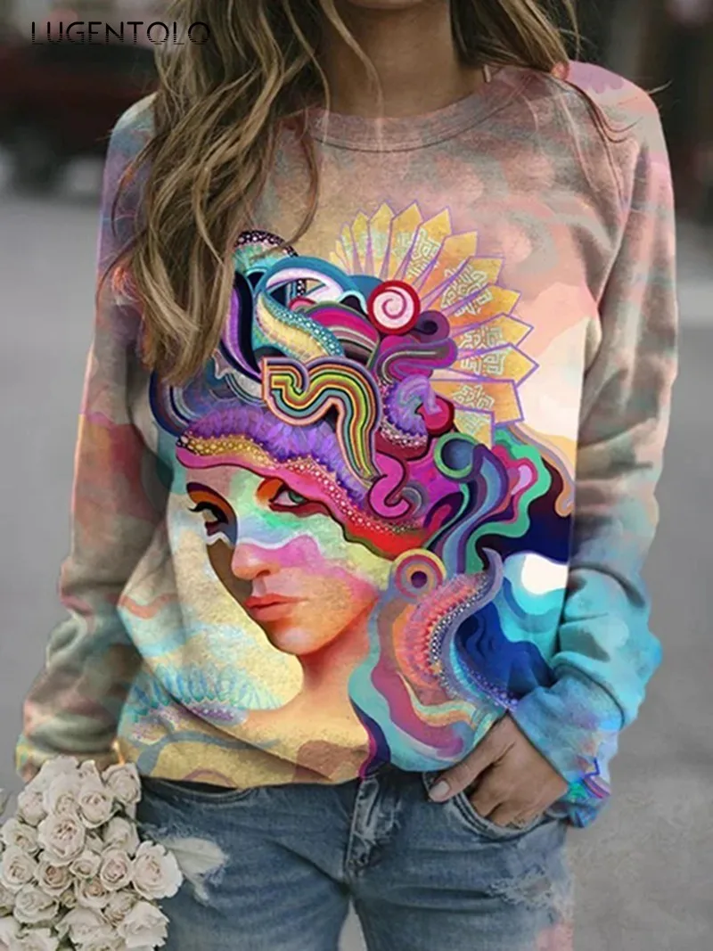 

T-shirt Harajuku Women Spring National Print Pullover Top O-neck Loose Tshirt Long Sleeve Female Casual T-shirts Lugentolo