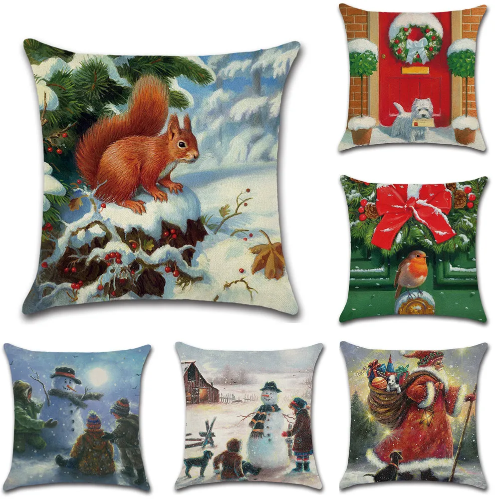 Новогодний чехол на подушку с изображением деда мороза снеговика белка птица